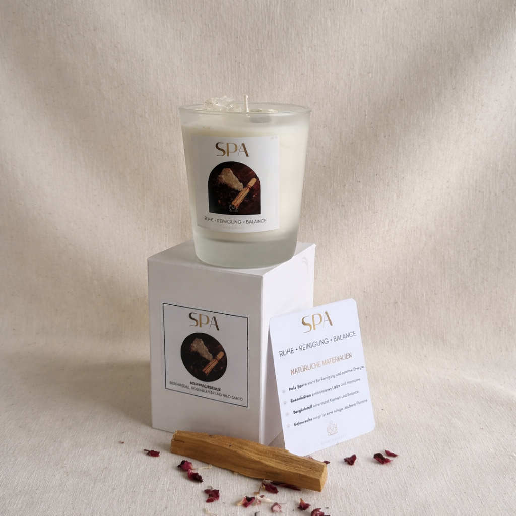 Spa Kerze mit Palo Santo, Bergkristall & Rosenblüten – Sojawachs Wellness Kerze für Entspannung, Meditation, Selfcare Geschenk, Ritual Kerze