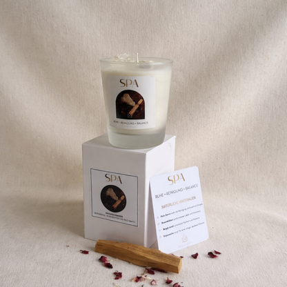 Spa Kerze mit Palo Santo, Bergkristall & Rosenblüten – Sojawachs Wellness Kerze für Entspannung, Meditation, Selfcare Geschenk, Ritual Kerze
