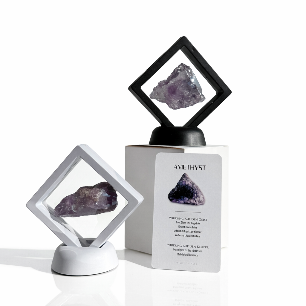 Amethyst - echter Kristall im Schweberahmen (inkl. Karte) schwarz oder weiß Premium Kollektion