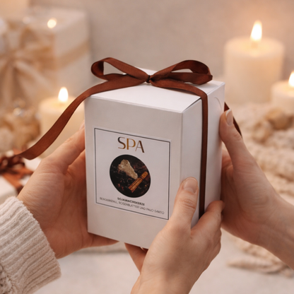 Spa Kerze mit Palo Santo, Bergkristall & Rosenblüten – Sojawachs Wellness Kerze für Entspannung, Meditation, Selfcare Geschenk, Ritual Kerze