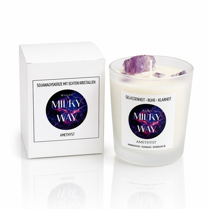 Milky way Kerze mit Amethyst – Sojawachs Kerze mit echten Kristallen
