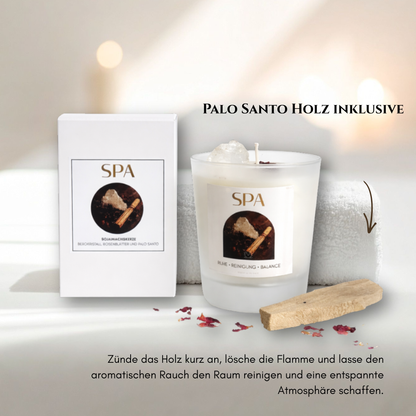 Spa Kerze mit Palo Santo, Bergkristall & Rosenblüten – Sojawachs Wellness Kerze für Entspannung, Meditation, Selfcare Geschenk, Ritual Kerze