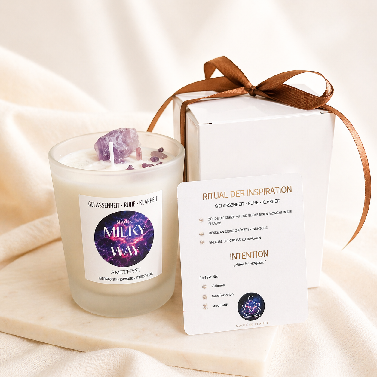 Milky way Kerze mit Amethyst – Sojawachs Kerze mit echten Kristallen