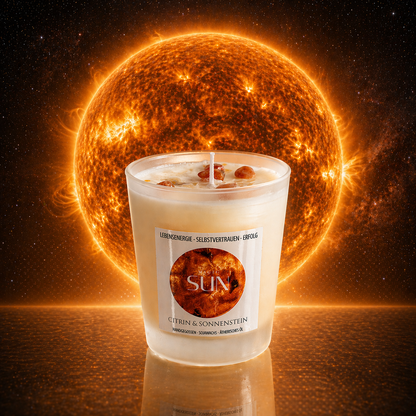 Sun Kerze mit Sonnenstein und Citrin – Sojawachs Kerze mit echten Kristallen