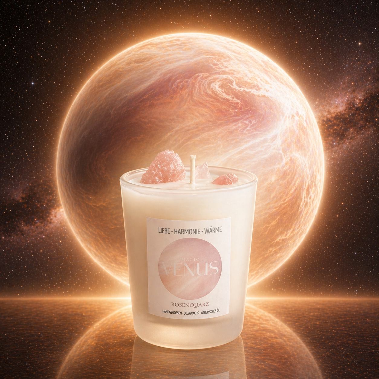 Venus Kerze mit Rosenquarz – Sojawachs Kerze mit echten Kristallen