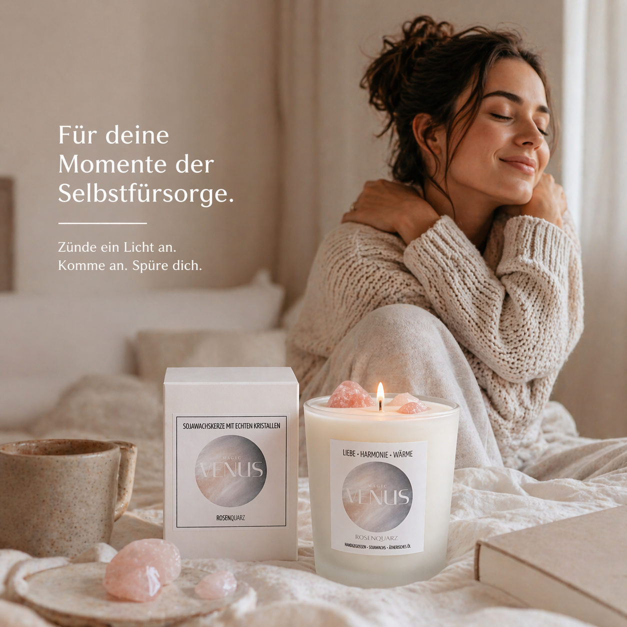 Venus Kerze mit Rosenquarz – Sojawachs Kerze mit echten Kristallen