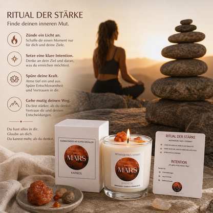 Mars Kerze mit Karneol – Sojawachs Kerze mit echten Kristallen – Motivation & Mut Ritualkerze – Spirituelle Geschenkidee – Manifestation Kerze