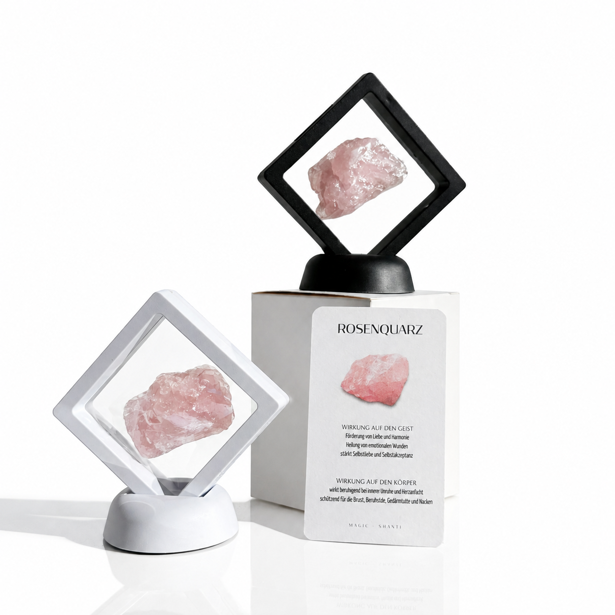 Rosenquarz - echter Kristall im Schweberahmen (inkl. Karte) schwarz oder weiß Premium Kollektion