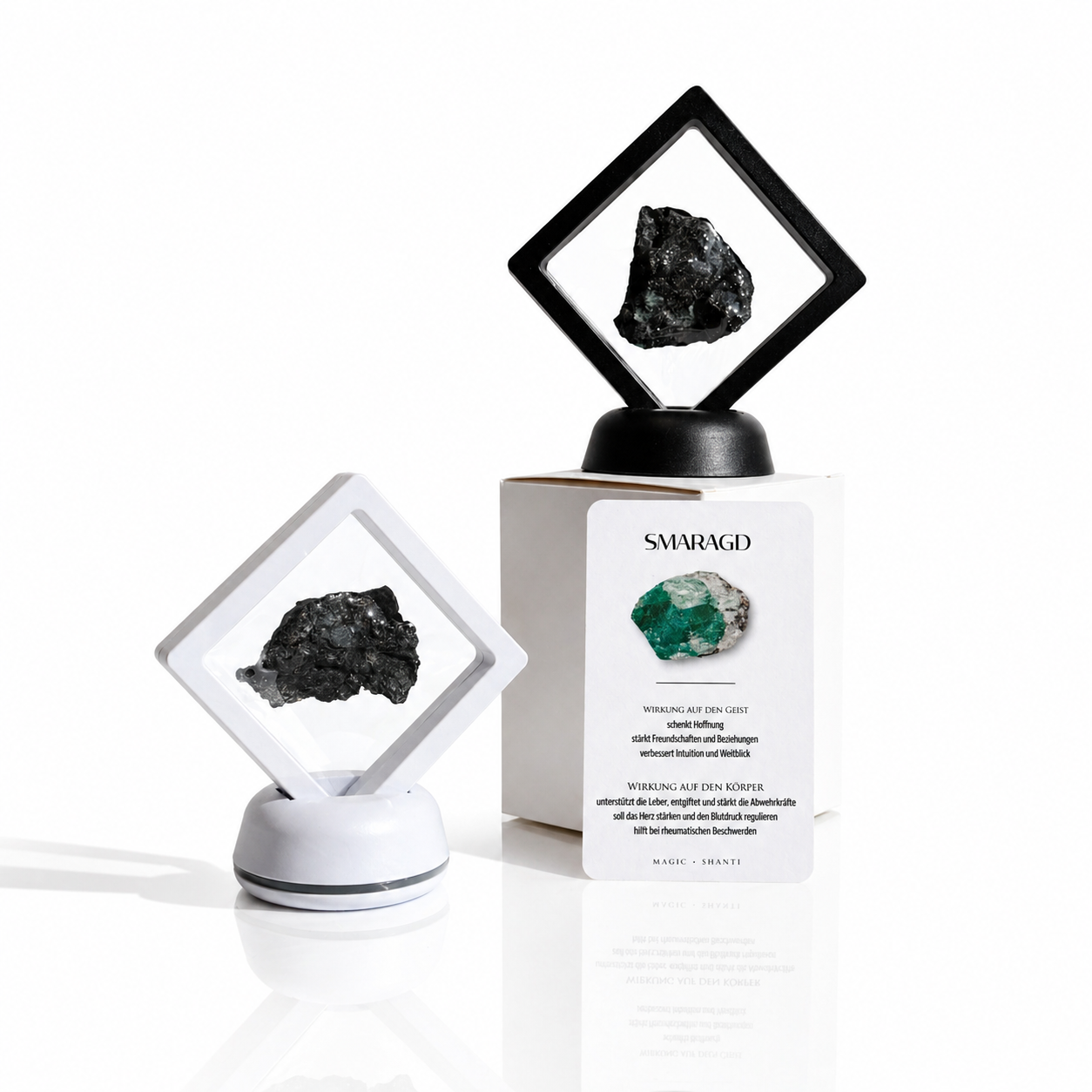Smaragd - echter Kristall im Schweberahmen (inkl. Karte) schwarz oder weiß Premium Kollektion