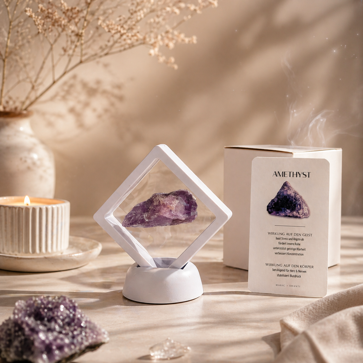 Amethyst - echter Kristall im Schweberahmen (inkl. Karte) schwarz oder weiß Premium Kollektion