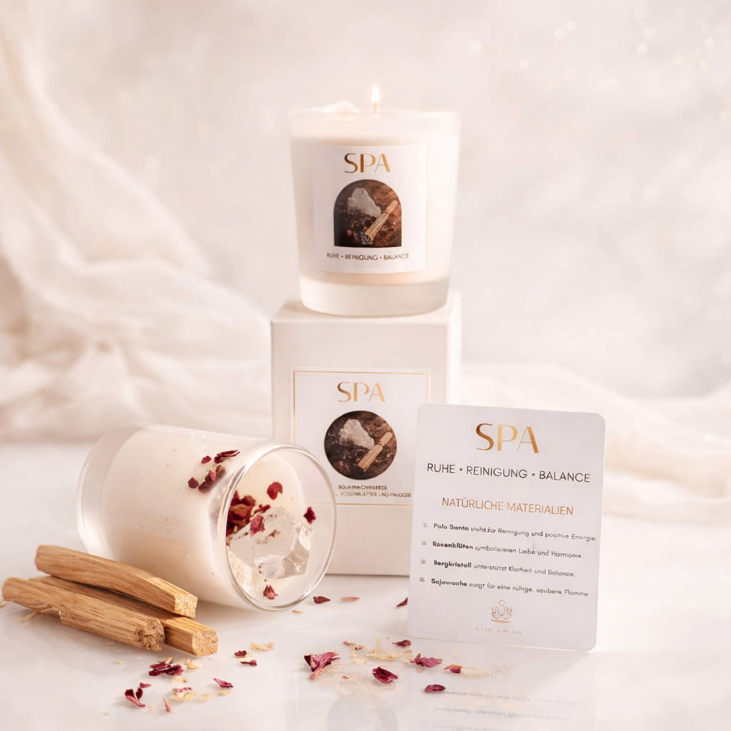 Spa Kerze mit Palo Santo, Bergkristall & Rosenblüten – Sojawachs Wellness Kerze für Entspannung, Meditation, Selfcare Geschenk, Ritual Kerze