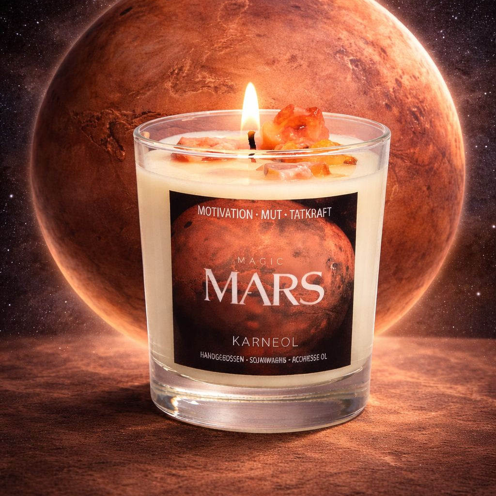 Mars Kerze mit Karneol – Sojawachs Kerze mit echten Kristallen – Motivation & Mut Ritualkerze – Spirituelle Geschenkidee – Manifestation Kerze