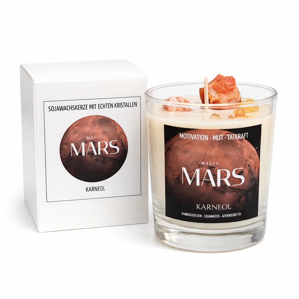 Mars Kerze mit Karneol – Sojawachs Kerze mit echten Kristallen – Motivation & Mut Ritualkerze – Spirituelle Geschenkidee – Manifestation Kerze