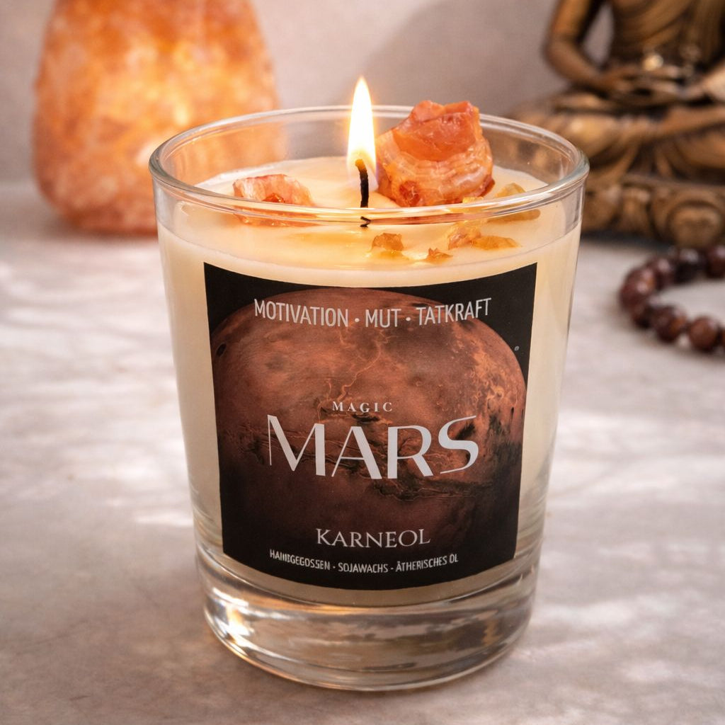 Mars Kerze mit Karneol – Sojawachs Kerze mit echten Kristallen – Motivation & Mut Ritualkerze – Spirituelle Geschenkidee – Manifestation Kerze